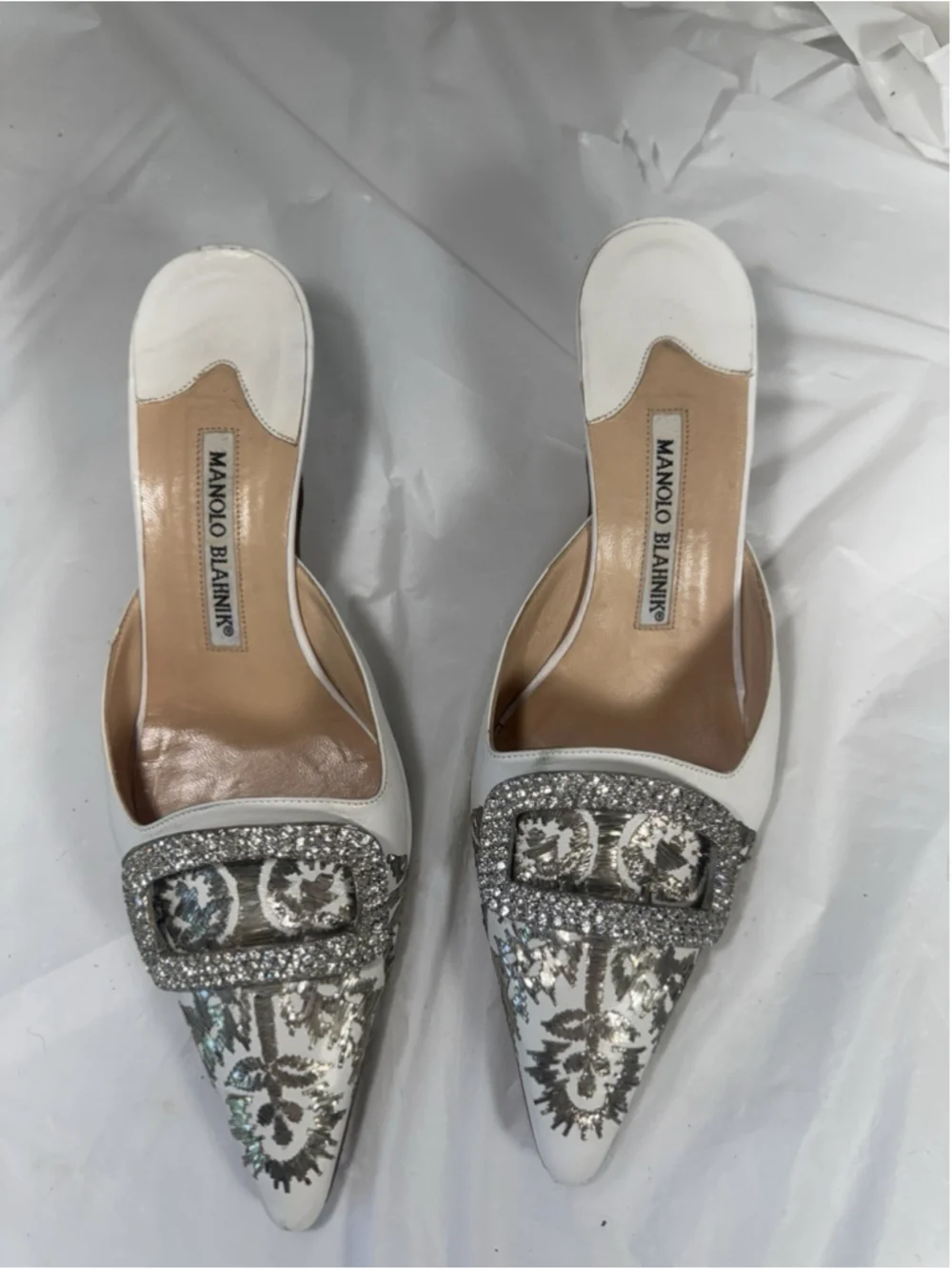 Manolo Blahnik Leather Mules White Graphic Print Crystals - Picture 12 of 14